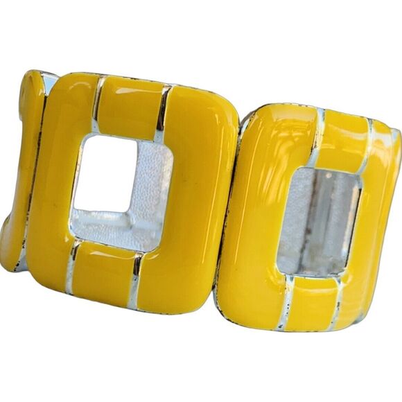Vintage Yellow Wide Square Stretch Bracelet Silver Tone Enamel - Picture 3 of 8